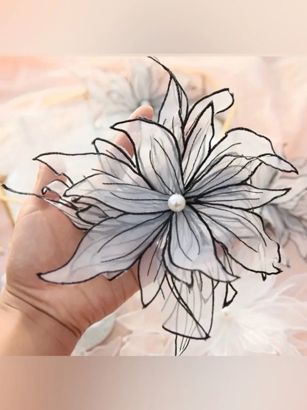 White & Black Embroidered Sew-On Appliqué Flower, Clothing Embellishment, New
